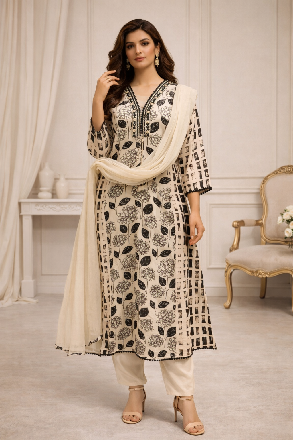 Cream & Black Printed Kurta Set with Dupatta