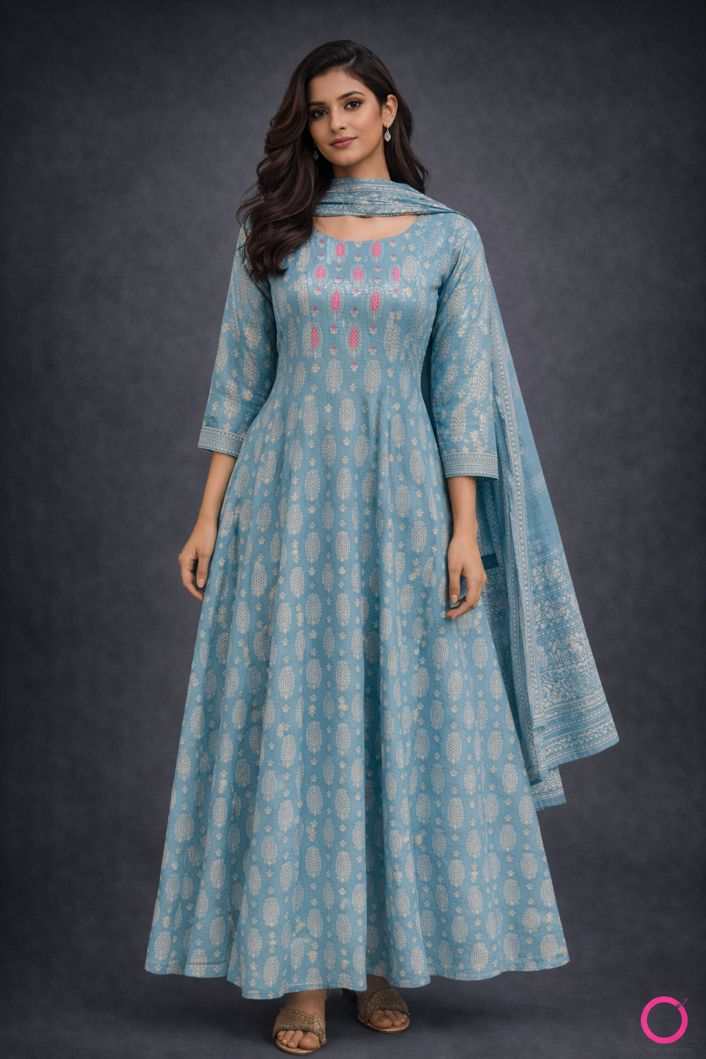 Elegant Sky Blue Printed Anarkali Suit Set with Dupatta