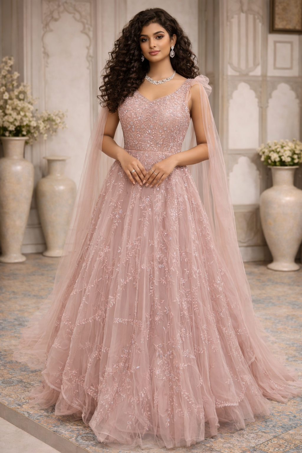 Luxury Blush Pink Embroidered Anarkali Gown with Dupatta
