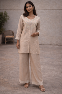 Women's Beige Embroidered Silk Kurta Palazzo Set