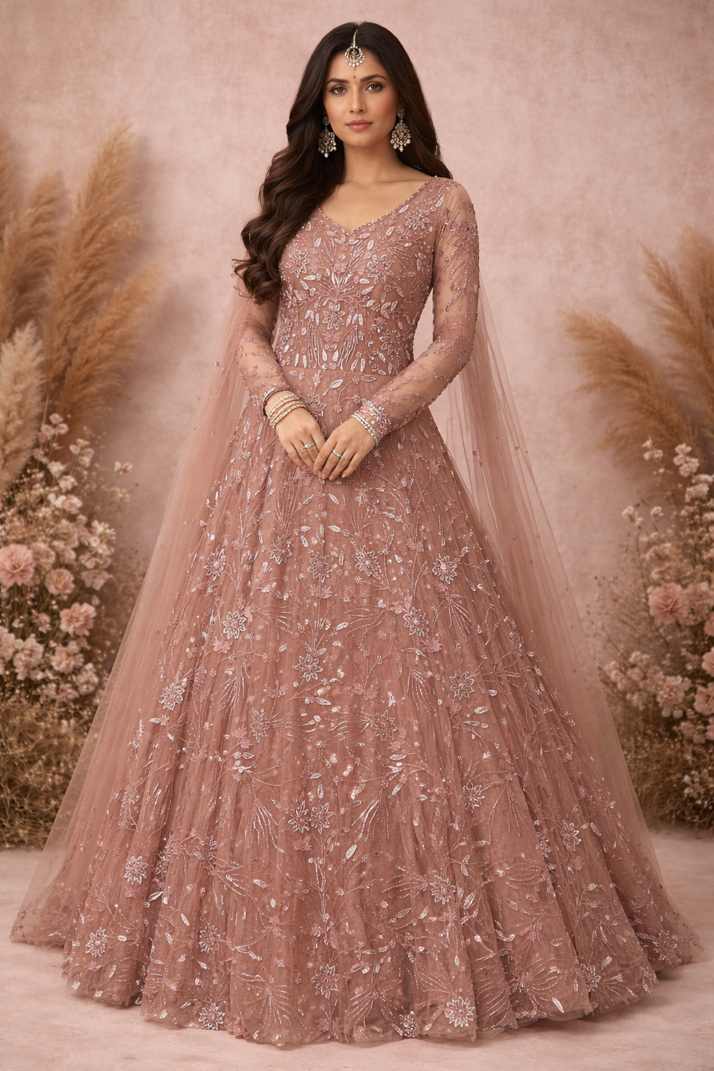 Luxury Dusty Rose Net Cocktail Evening Gown