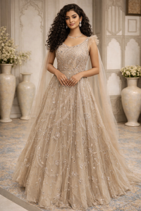 Luxury Champagne Embroidered Anarkali Gown with Dupatta