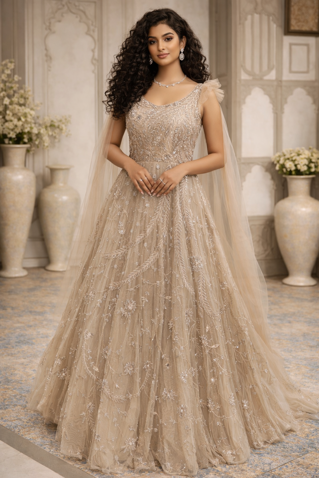 Luxury Champagne Embroidered Anarkali Gown with Dupatta