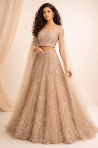Women's Champagne Embroidered Net Lehenga Choli Set with Dupatta