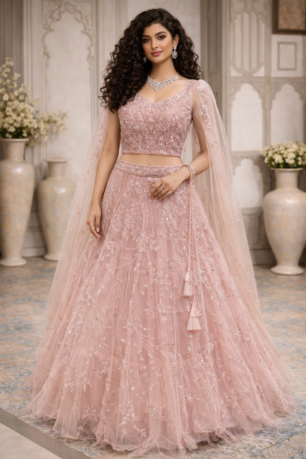 Women's Champagne Embroidered Net Lehenga Choli Set with Dupatta