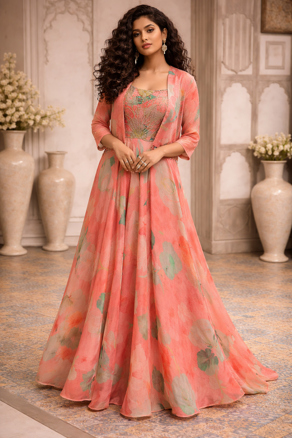 Women's Peach Floral Printed Tissue Gown with Short Jacket