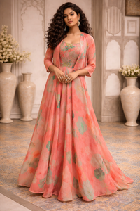 Women's Peach Floral Printed Tissue Gown with Short Jacket