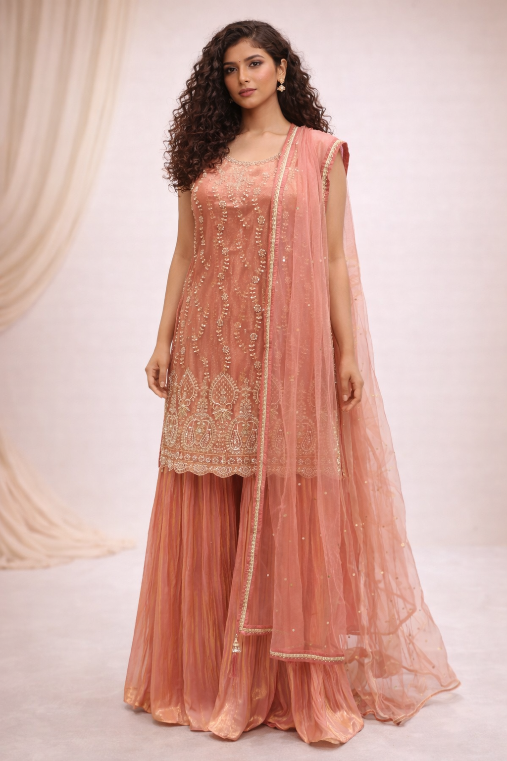 Peach Georgette Embroidered Kurta Sharara Set with Net Dupatta for Women
