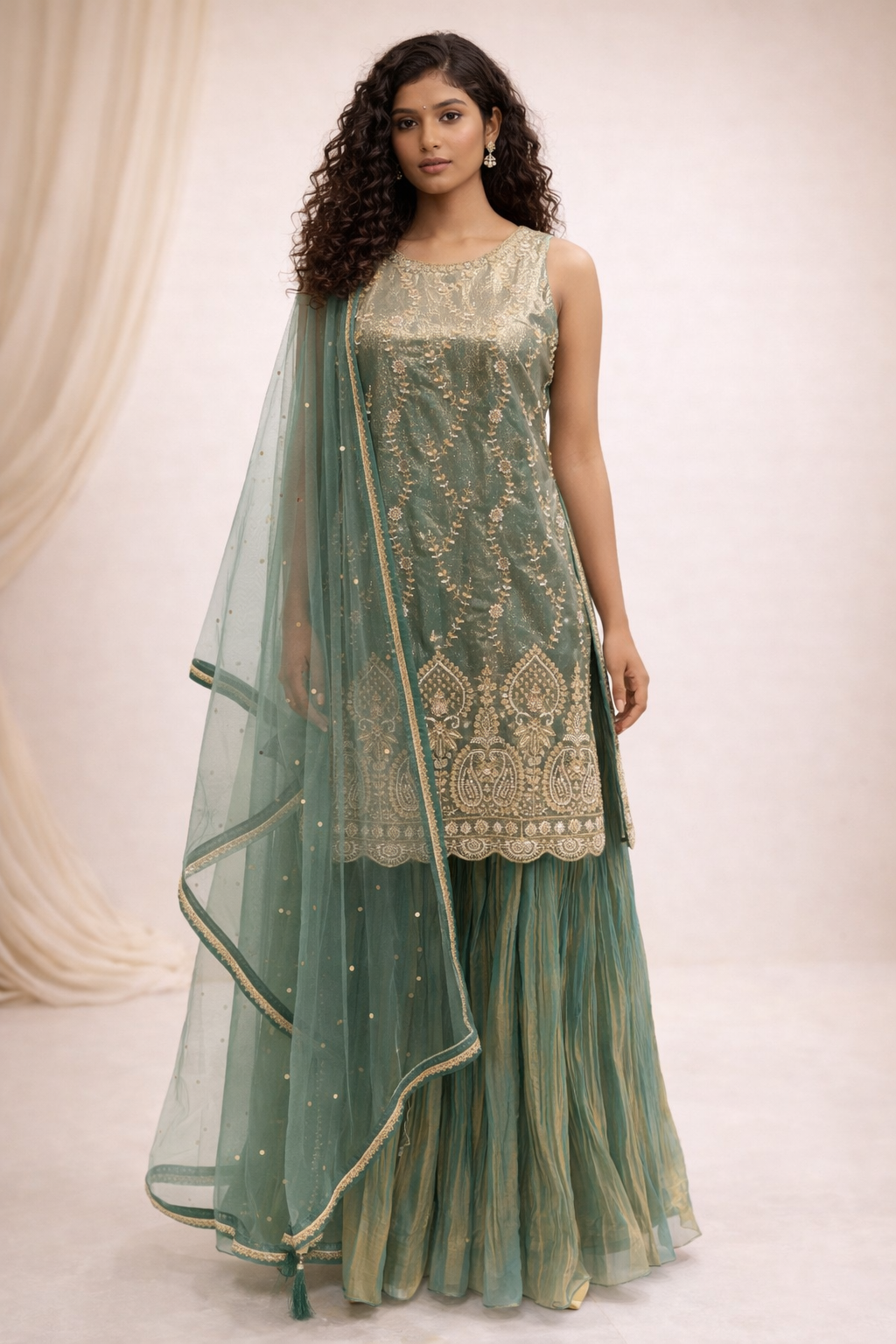 Emerald Green Georgette Embroidered Kurta Sharara Set with Net Dupatta