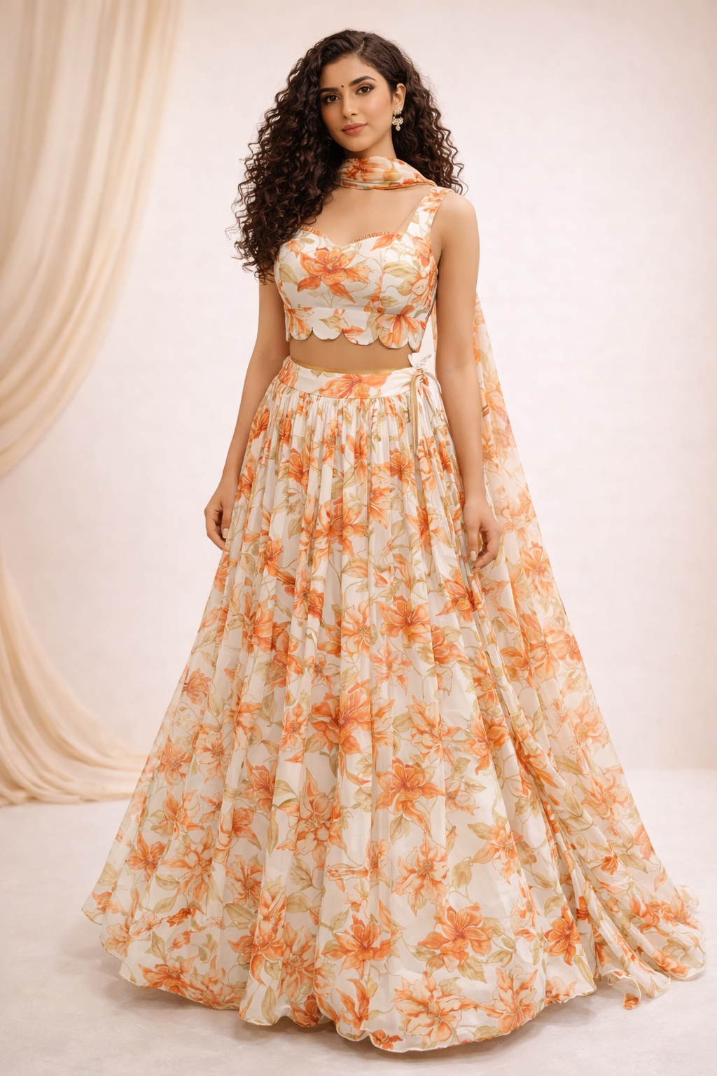 Women's  Floral Printed Chiffon Lehenga Choli Set with Dupatta