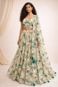Women's  Floral Printed Chiffon Lehenga Choli Set with Dupatta
