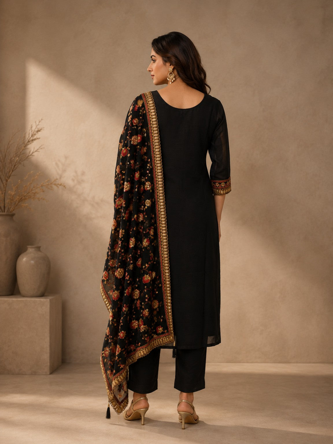 Black Vichitra Silk Embroidered Kurta Set with Floral Printed Dupatta
