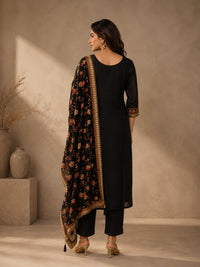 Black Vichitra Silk Embroidered Kurta Set with Floral Printed Dupatta