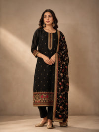 Black Vichitra Silk Embroidered Kurta Set with Floral Dupatta