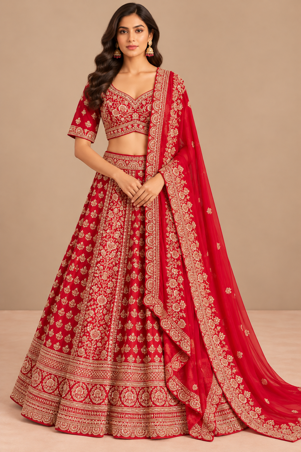 R46626 Red Lehengas front view