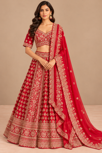 R46626 Red Lehengas front view