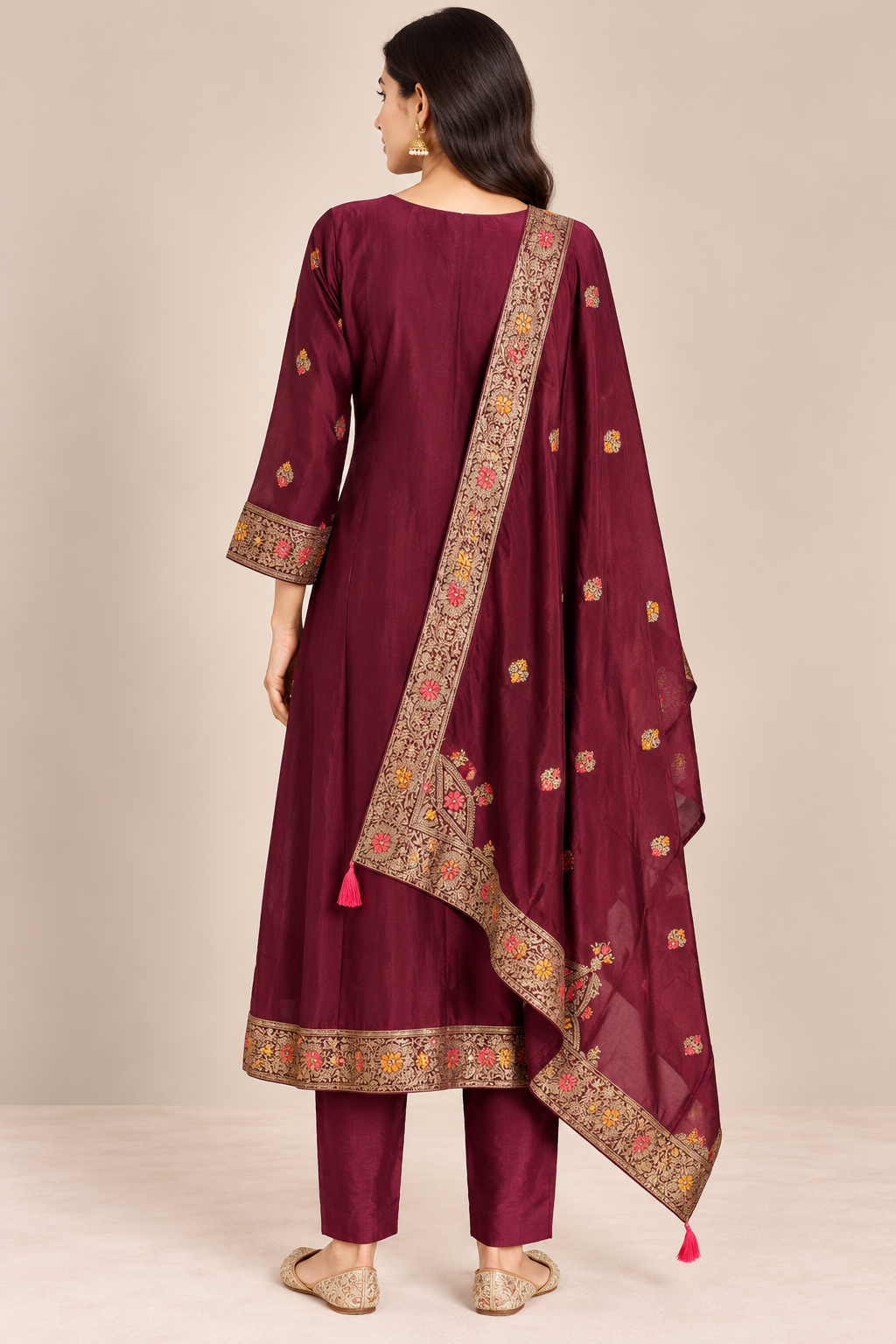 R46690 Wine Brocade Silk straight cut back view