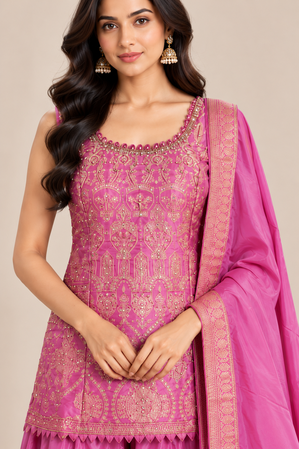 R46706 Pink Brocade Silk Sharara close-up
