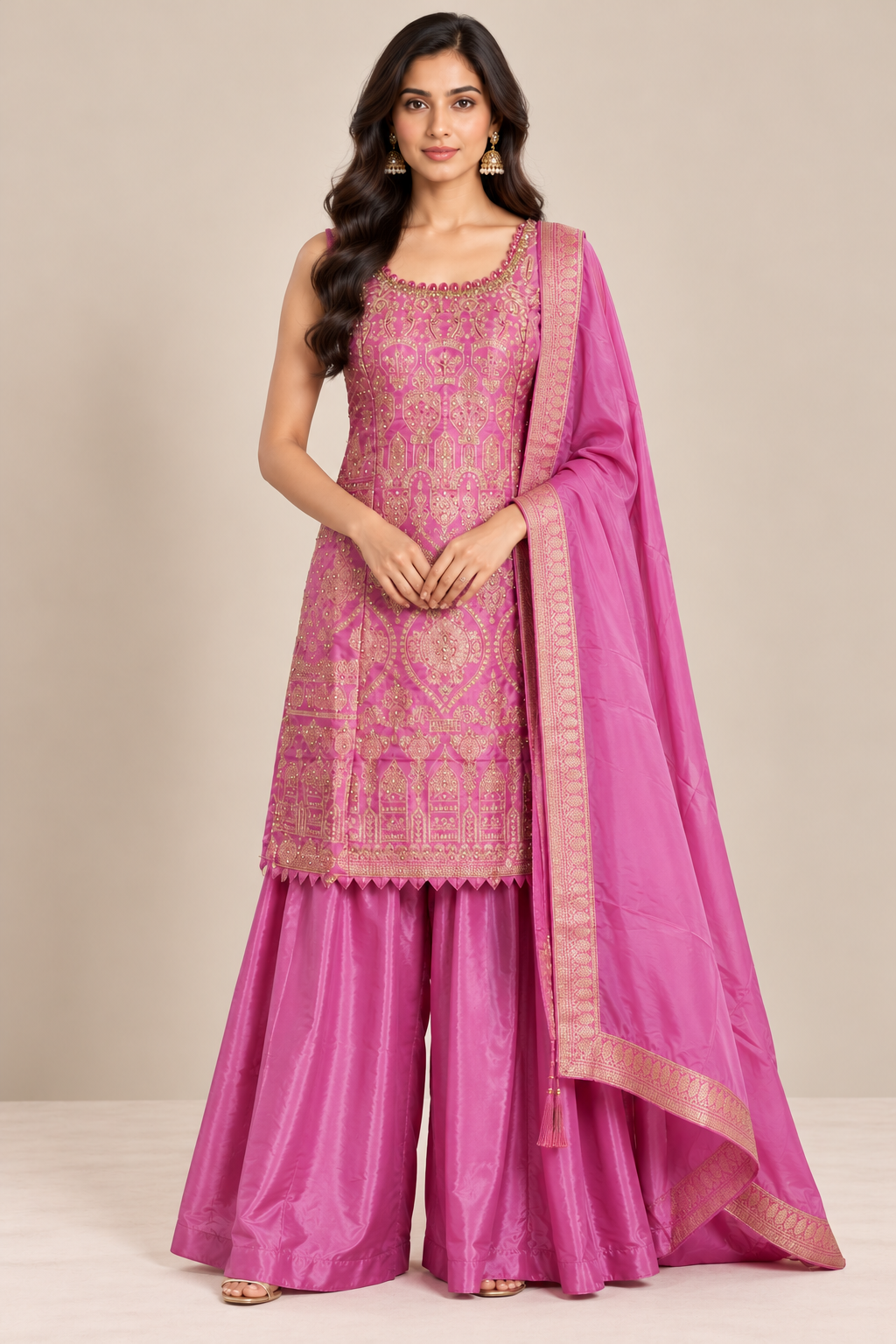 R46706 Pink Brocade Silk Sharara front pose