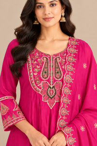 R46916 fuchsia pink Mul Chanderi fabric close-up