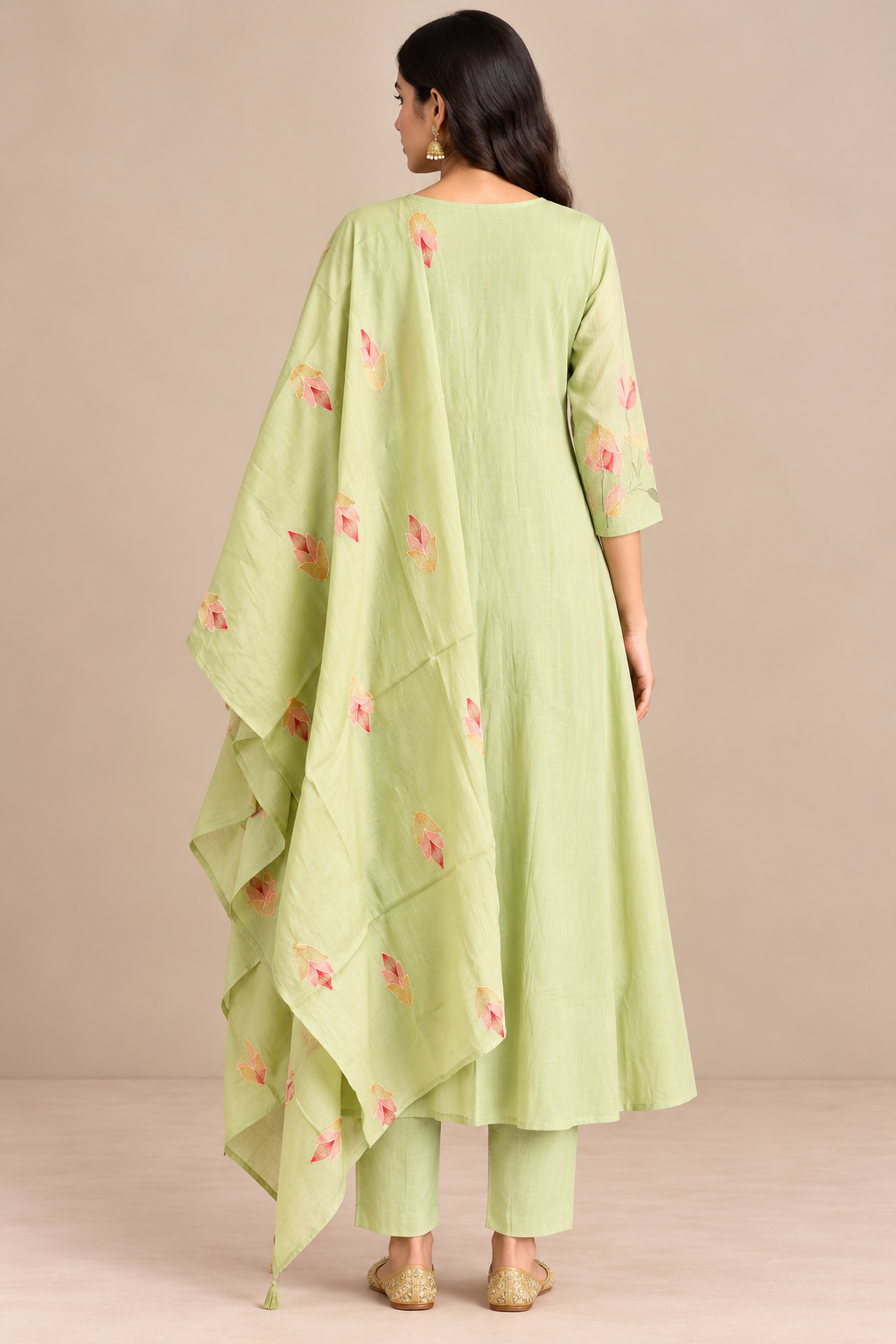 Sage green Mul Chanderi daily wear kurta, back pose
