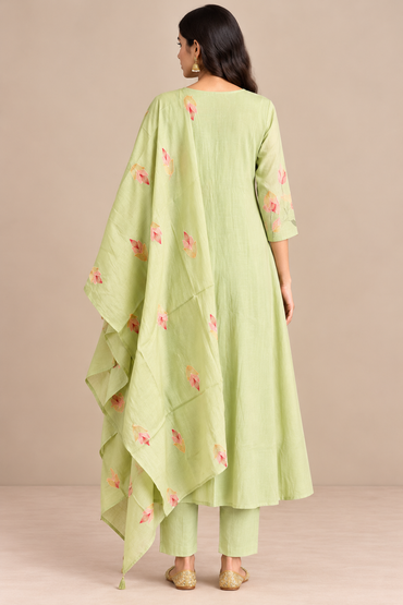 Sage green Mul Chanderi daily wear kurta, back pose