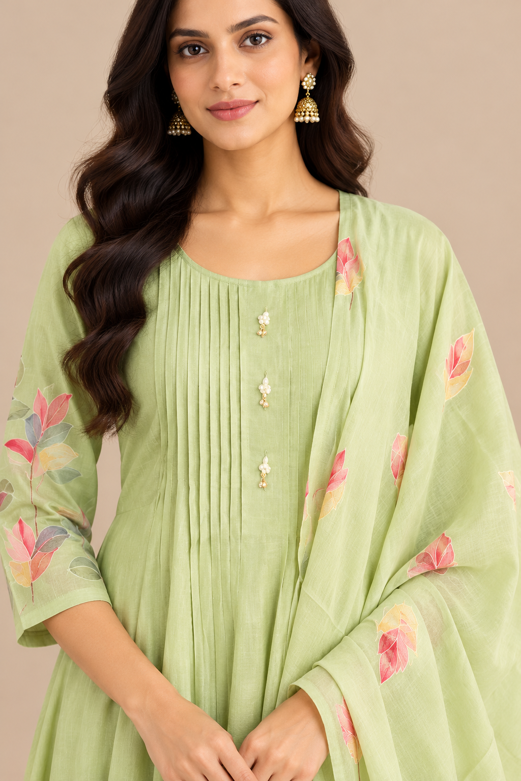 Close-up of sage green Mul Chanderi fabric
