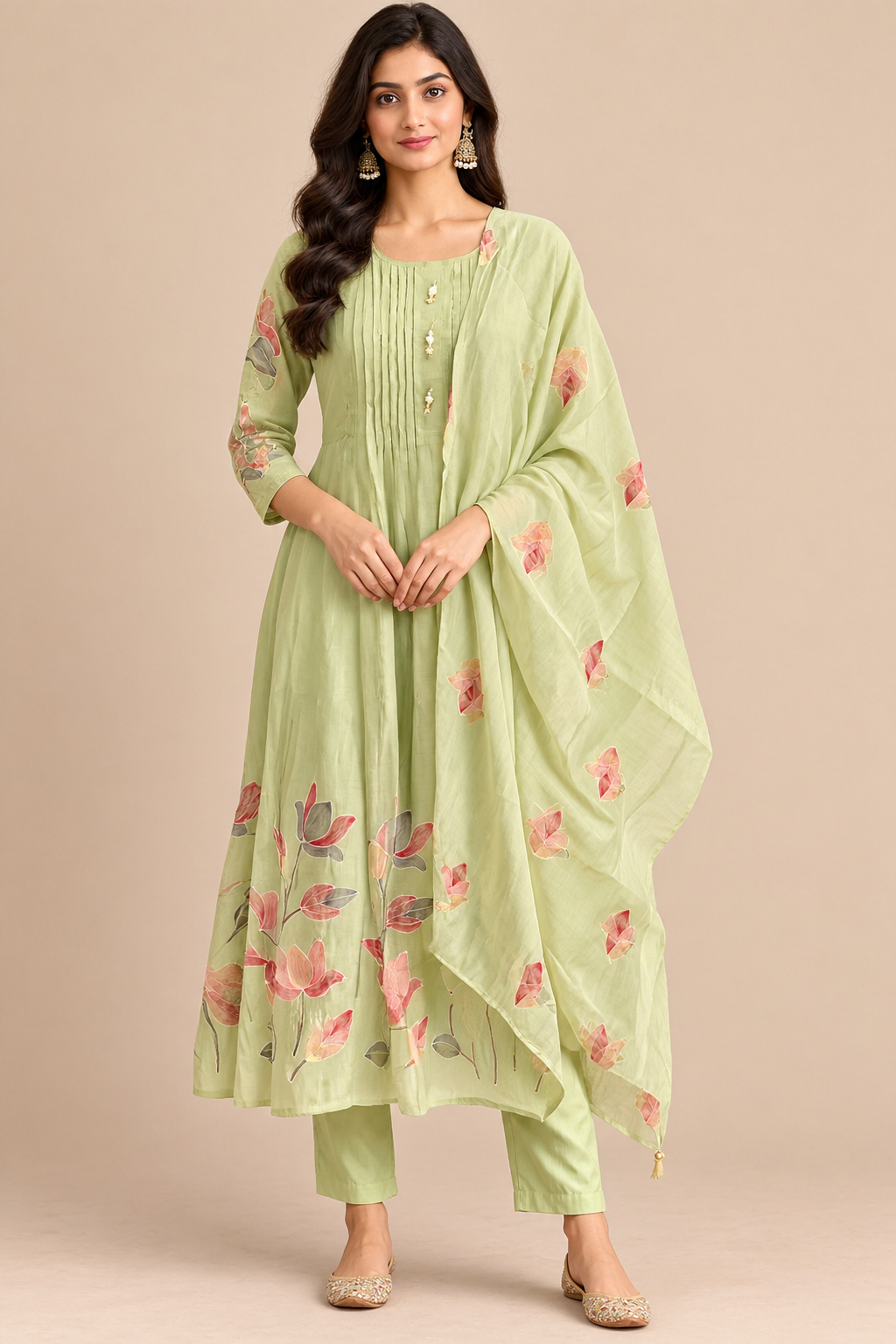 Sage green Mul Chanderi daily wear kurta, front pose