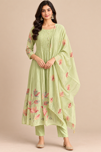 Sage green Mul Chanderi daily wear kurta, front pose