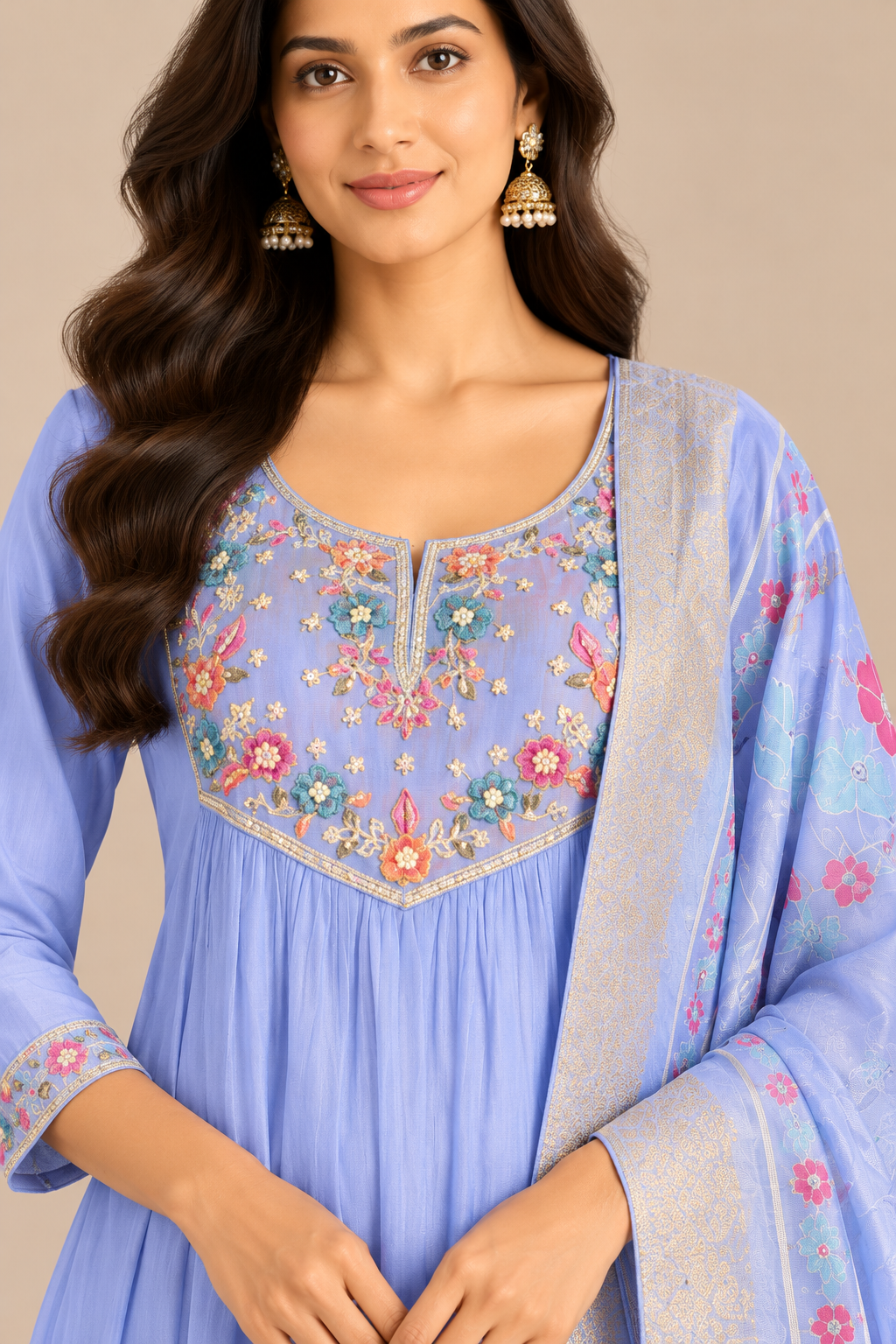 Dusty Lavender Blue Mul Chanderi Daily Wear Kurta - close-up