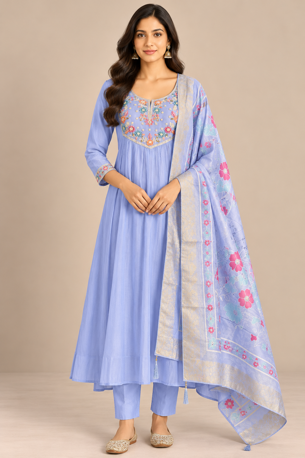 Dusty Lavender Blue Mul Chanderi Daily Wear Kurta - front