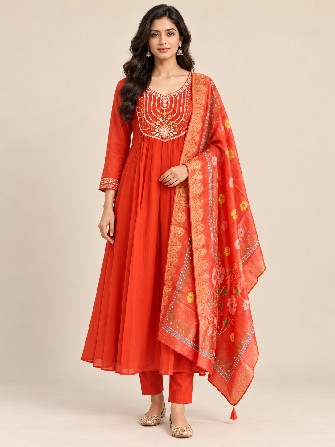Burnt Orange Mul Chanderi Daily Wear kurta - front