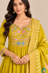 Mustard Yellow Mul Chanderi Daily Wear kurta - closeup