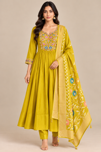 Mustard Yellow Mul Chanderi Daily Wear kurta - front