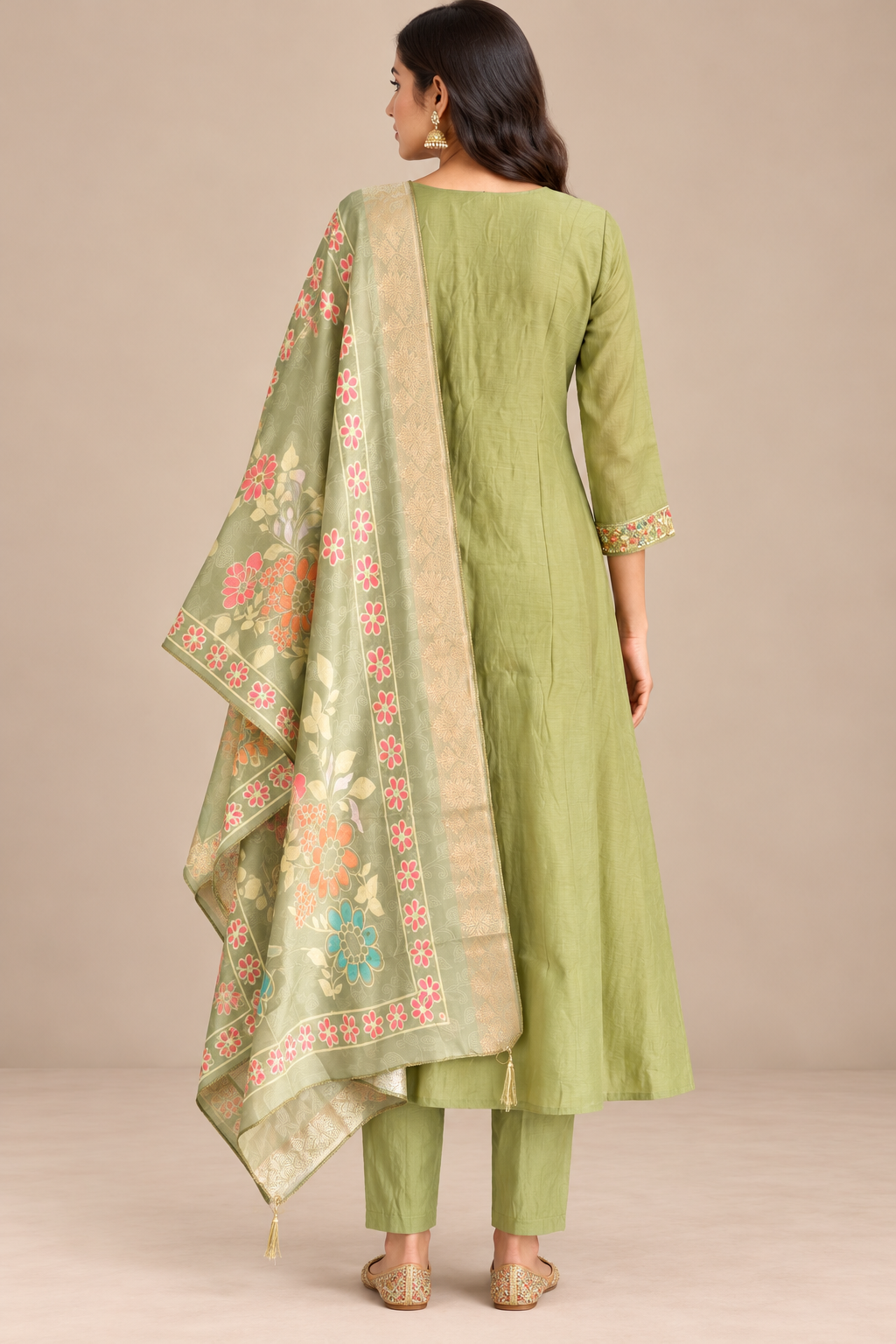 Light Green Mul Chanderi suit back pose