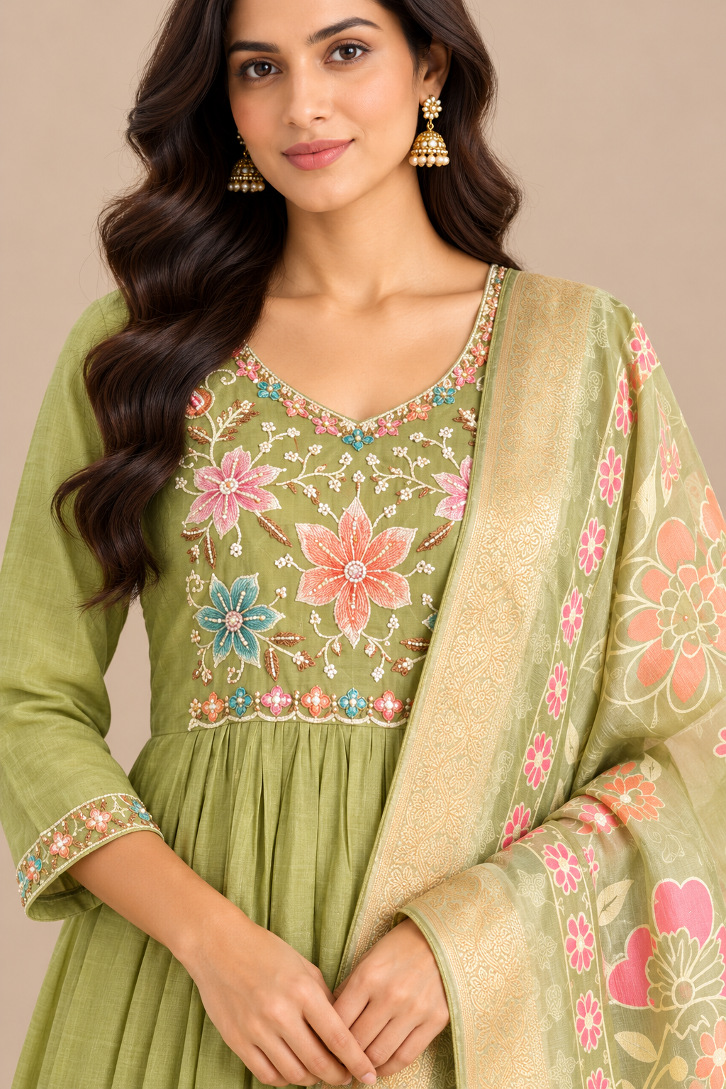 Light Green Mul Chanderi suit close-up