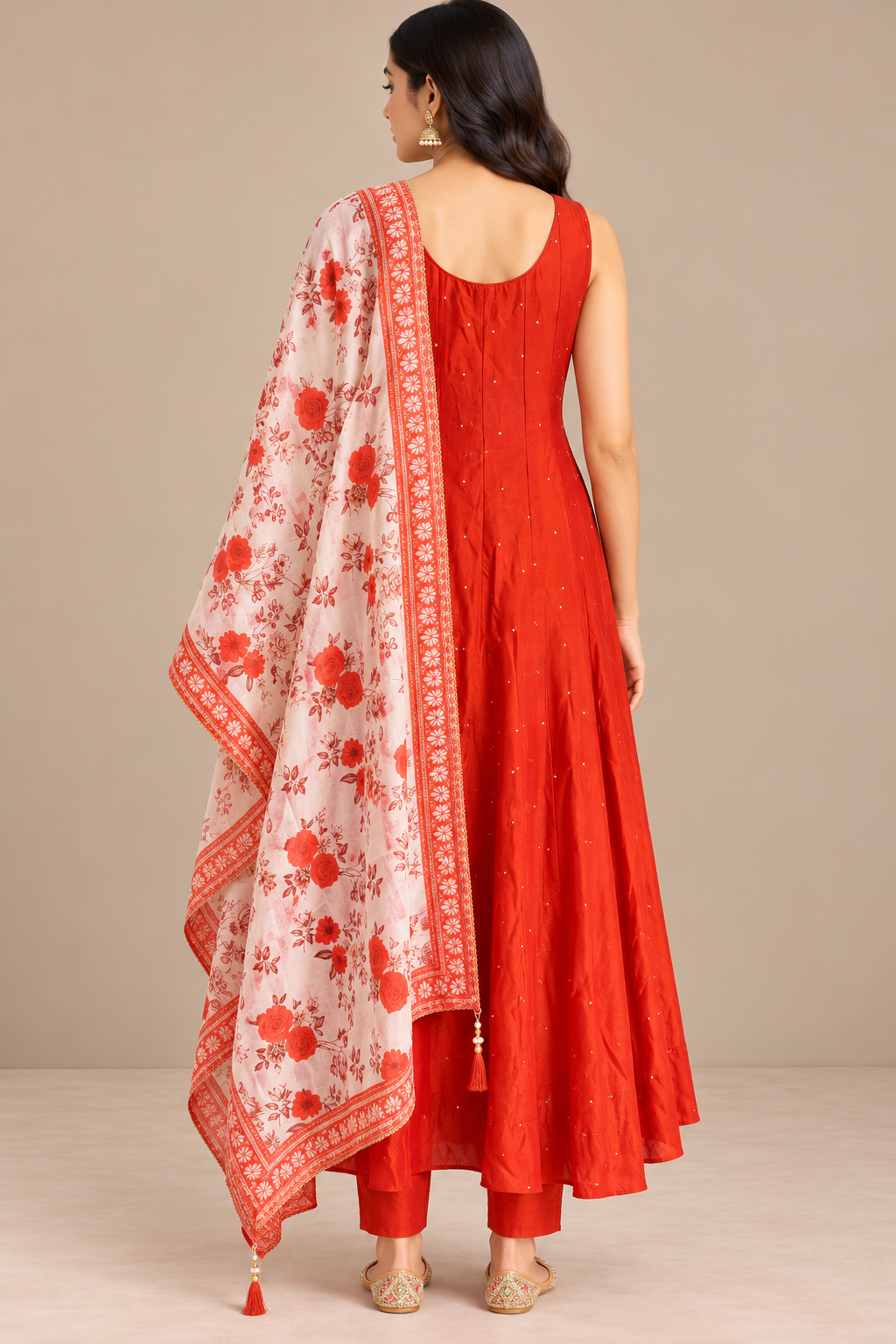 Burnt Orange Vichitra Silk Anarkali Suit - back view