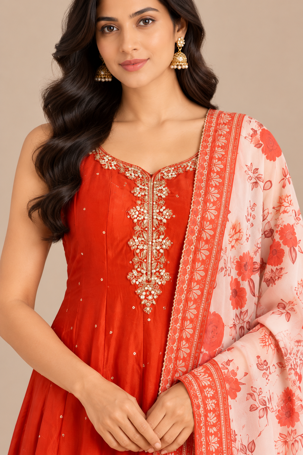 Burnt Orange Vichitra Silk Anarkali Suit - close-up detail