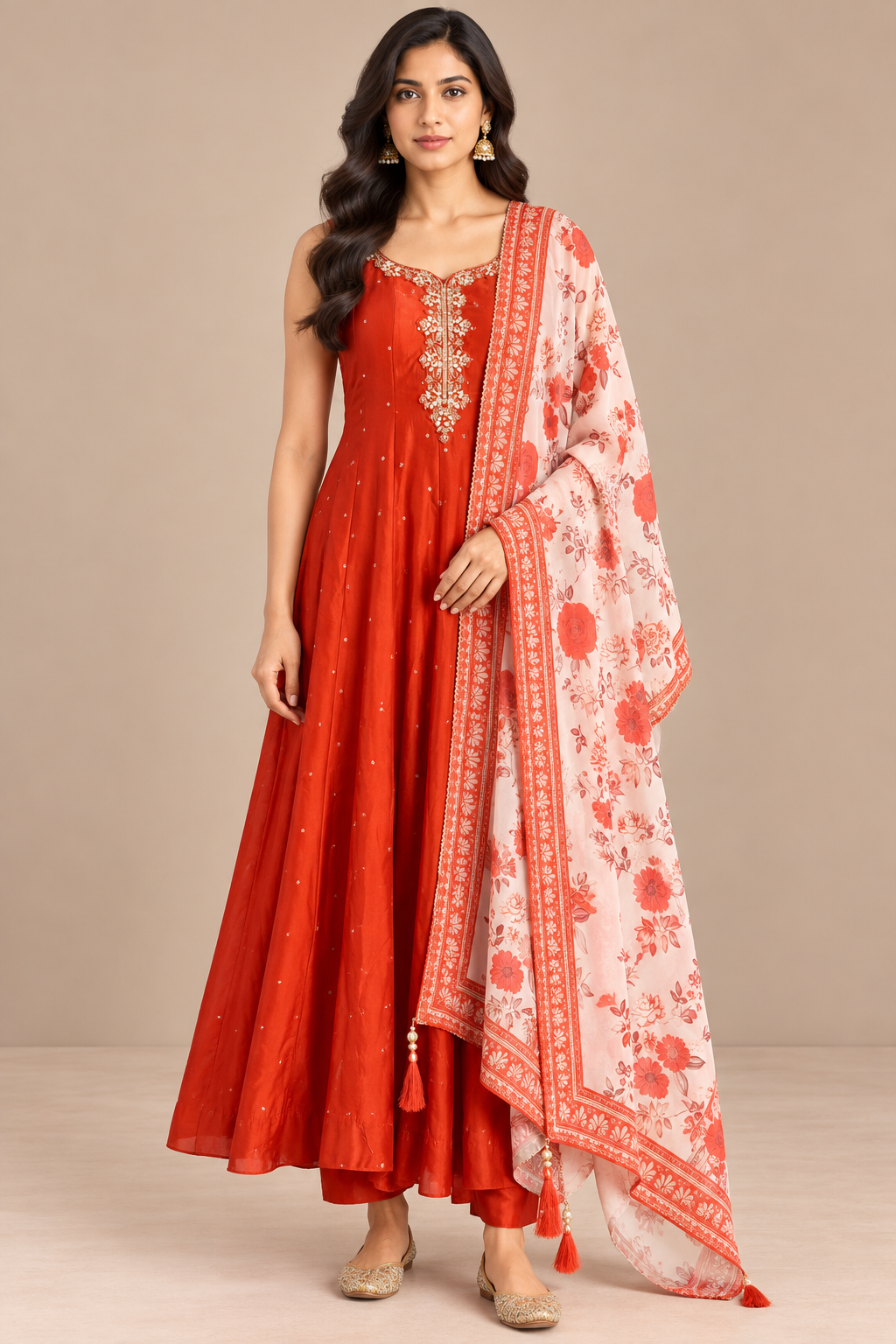 Burnt Orange Vichitra Silk Anarkali Suit - front view