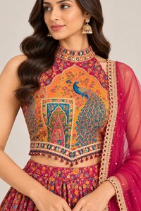 Multicolour Peacock Motif Lehenga Choli with Pink Dupatta