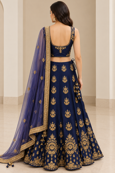 Elegant Navy Blue and Gold Embroidered Bridal Lehenga Choli with Dupatta