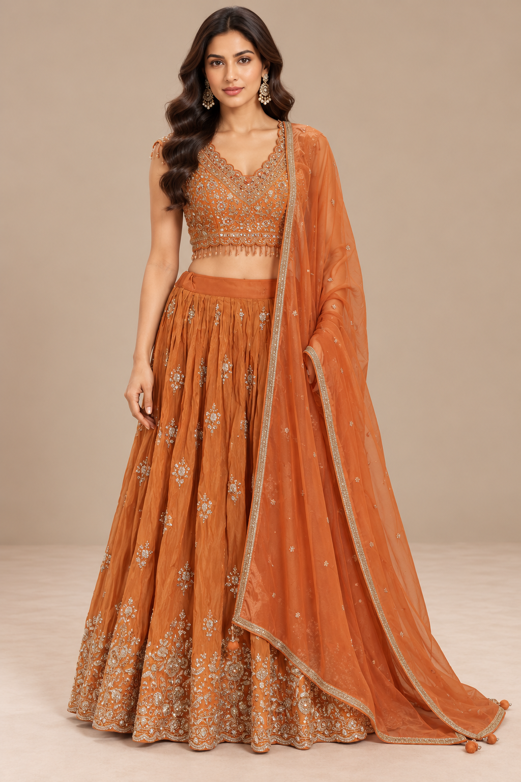 Burnt Orange Silk Embroidered Lehenga Set with Net Dupatta