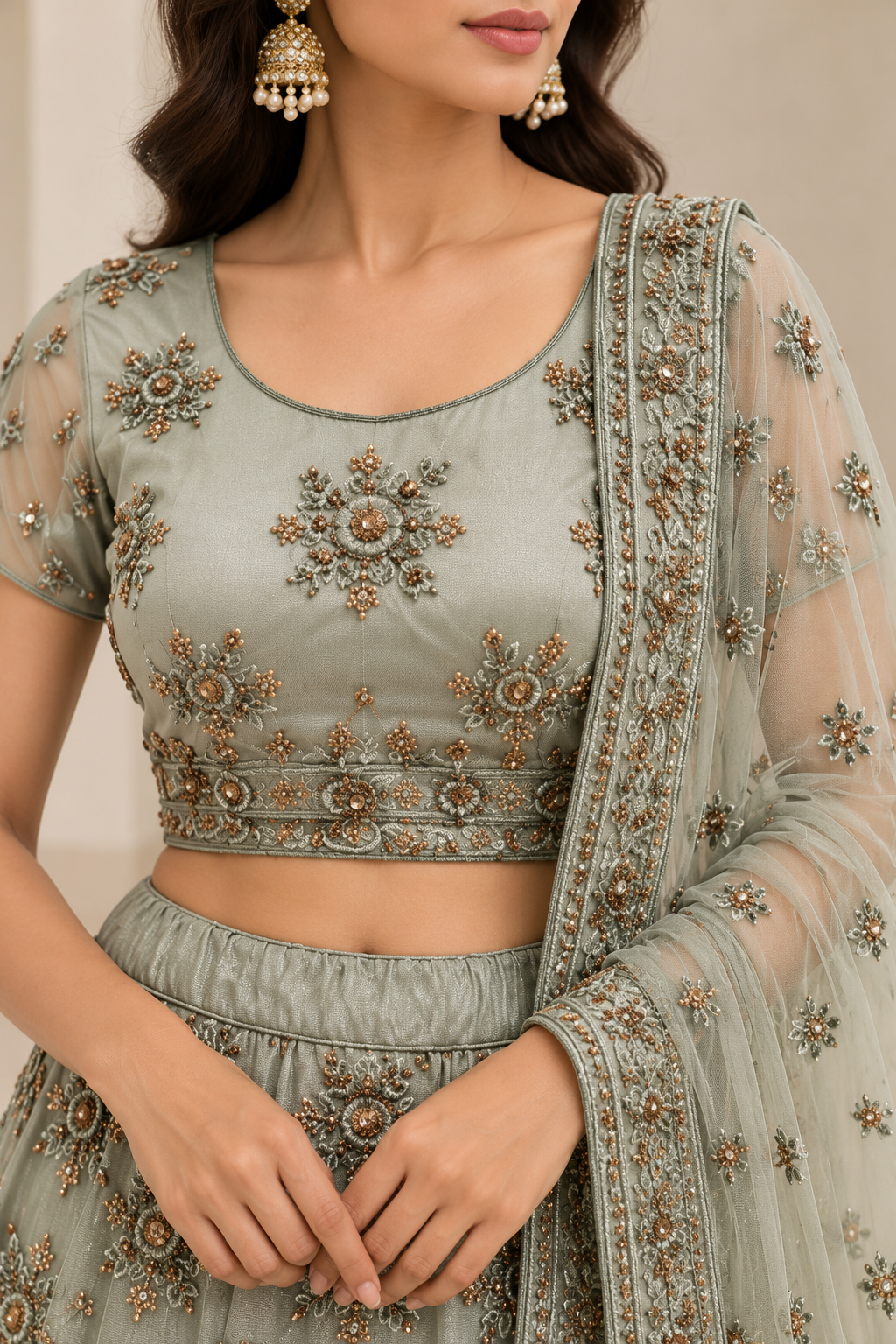 Sage Green Embroidered Lehenga Choli with Dupatta