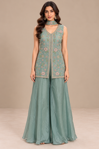 Seafoam Green Embroidered Silk Jacket Palazzo Set