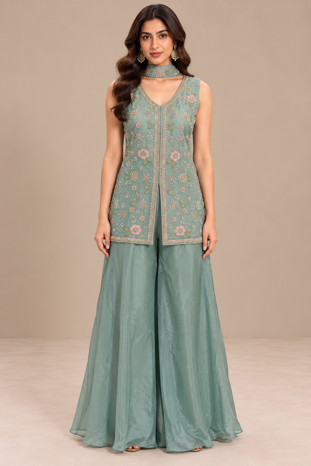 Seafoam Green Embroidered Silk Jacket Palazzo Set
