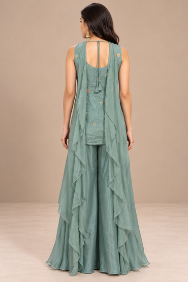 Seafoam Green Embroidered Silk Jacket Palazzo Set
