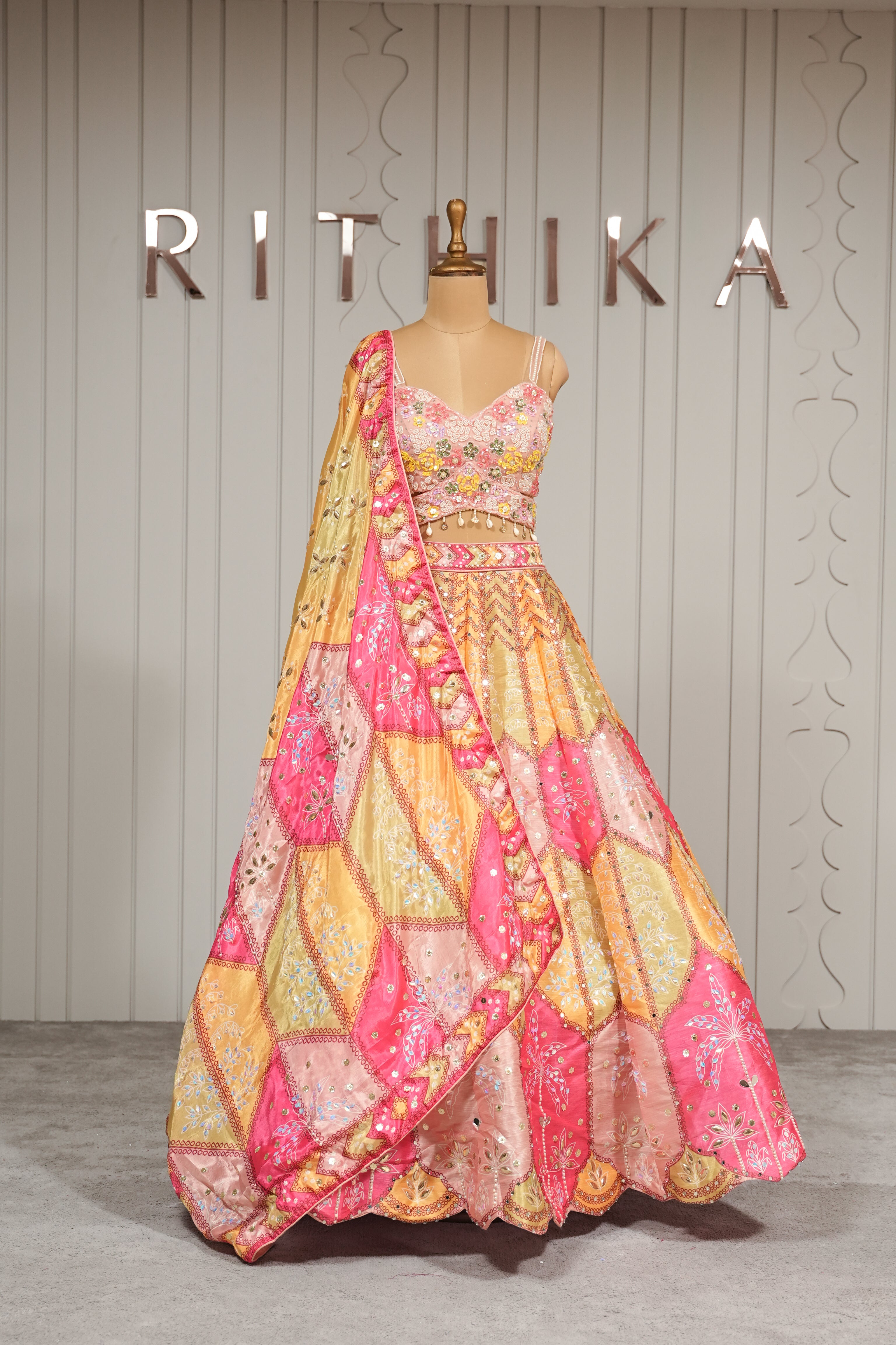 Multicolour Silk Embroidered Patchwork Lehenga Set with Dupatta