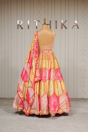 Multicolour Silk Embroidered Patchwork Lehenga Set with Dupatta