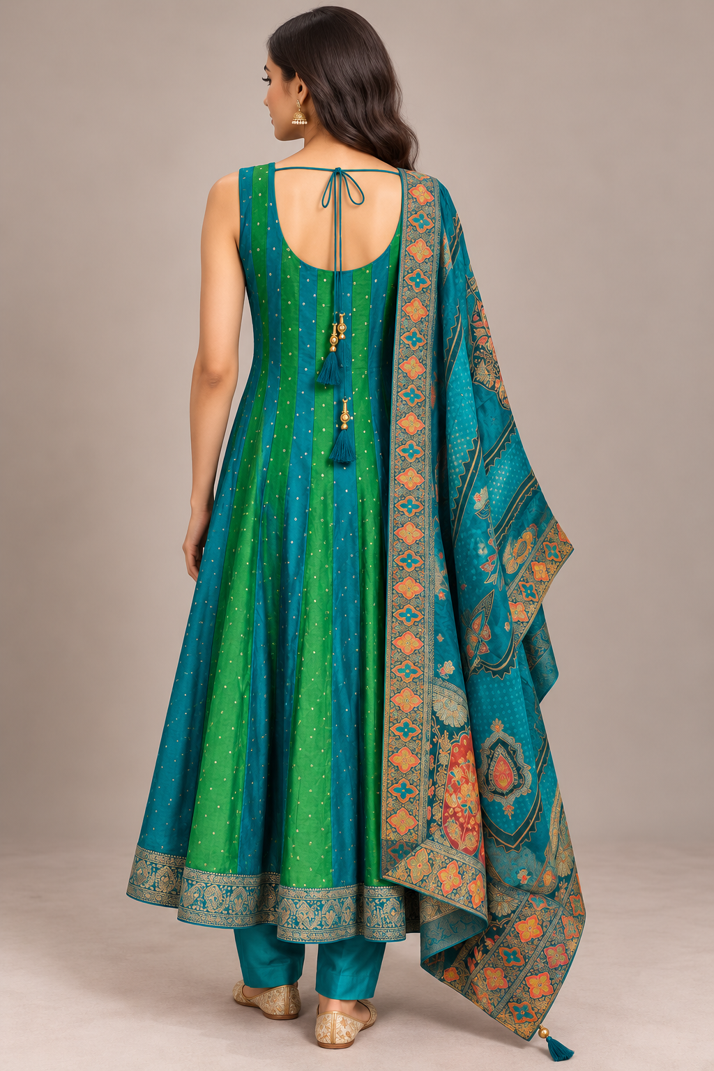 Teal & Green Silk Anarkali Set