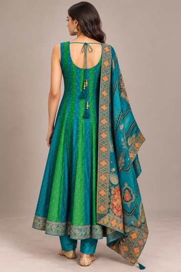 Teal & Green Silk Anarkali Set